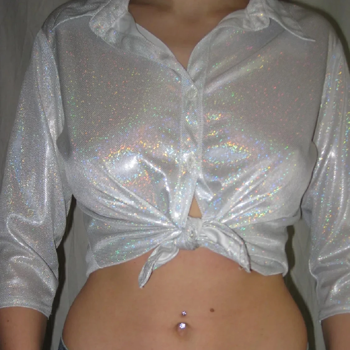 Glittrig silver skjorta med trekvartsärm - 1