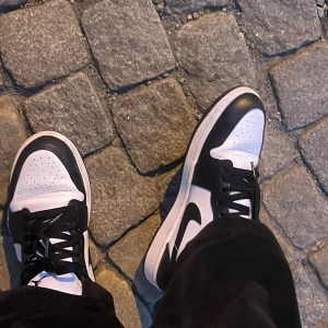 Nike Air Jordan 1 svartvita sneakers - Säljer ett par Nike Air Jordan 1 i svart och vitt. Klassisk siluett med svart swoosh, snörning och perforerad tåbox. Skorna har en låg profil och är tillverkade i skinn för en clean och tidlös look. Perfekta för dig som gillar streetstyle och vill sticka ut. Använda 2-3 gånger - som nya (nypris va 1300:-)