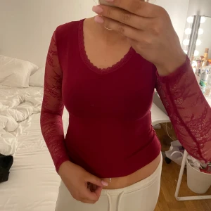 Vinröd topp med spetsärmar - Vinröd långärmad topp med transparenta spetsärmar och spetsdetalj vid halsringningen. Tight passform och v-ringad framtill. Perfekt för dig som vill ha en feminin och trendig look.