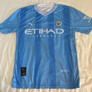 Manchester City De Bruyne matchtröja - Manchester Citys officiella matchtröja med De Bruyne 17 på ryggen. Tröjan är ljusblå med mörkblå ränder, kortärmad och tillverkad i lätt funktionsmaterial (Drycell). Broderat klubbmärke på bröstet, Premier League-märke på ärmen och Etihad Airways-tryck framtill.