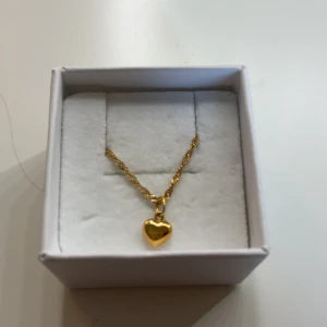 Guldigt halsband med hjärthänge - Supersött halsband i guldton med ett glänsande hjärthänge. Kedjan är tunn och tvinnad, vilket ger ett elegant intryck. Perfekt accessoar för att lyfta vilken outfit som helst med en romantisk touch.