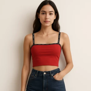 Röd croppad linnetopp från Levi's - Snygg röd croppad linnetopp från Levi's med svarta smala axelband och logga längs kanterna. Toppen har en rak skärning och är perfekt för varma dagar. Tillverkad i mjuk bomull med lite stretch för en bekväm passform.