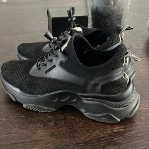 Svarta chunky sneakers med mesh - Säljer ett par svarta chunky sneakers steve madden  med grov sula och mesh-ovandel. Skorna har snörning med snabbstopp, detaljer i gummi och logotypband baktill. Perfekta för dig som gillar streetstyle och vill sticka ut.