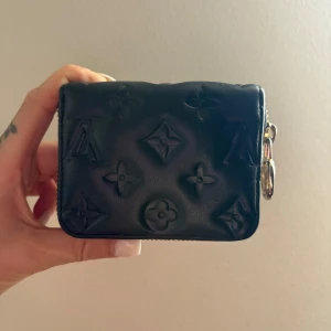 Svart Louis Vuitton plånbok i skinn - Snygg svart plånbok från Louis Vuitton i äkta skinn med ikoniskt monogrammönster. Plånboken har guldfärgad dragkedja med LV-logga och flera fack inuti för kort och mynt. Perfekt storlek för att ha med sig överallt.