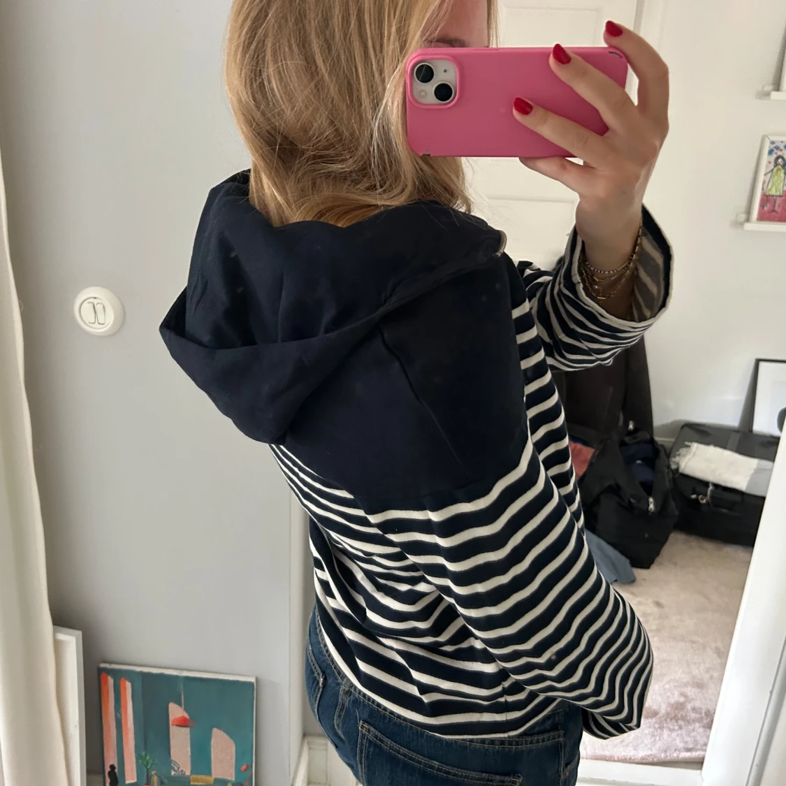 Randig hoodie med half zip och huva - 1