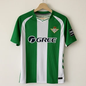 Real Betis grönvit fotbollströja GREE - Snygg fotbollströja från Real Betis med gröna och vita vertikala ränder, klubbmärke på bröstet och GREE-logga framtill. Kortärmad modell med V-ringning och svarta detaljer på ärmen. Tillverkad i lätt och ventilerande material, perfekt för match eller träning.