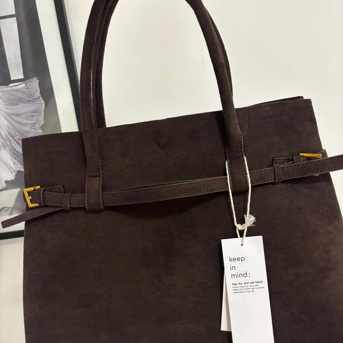 Mörkbrun mocka handväska med bälte - 2