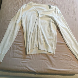 Vit kofta  - Säljer en enkel och stilren vit kofta från SHEIN i storlek S. Koftan har lång ärm, v-ringad hals och ribbade muddar vid ärmslut och nederkant. Perfekt att slänga över en topp eller klänning.