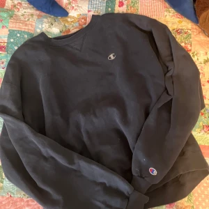 Svart sweatshirt från Champion - Mörkblp sweatshirt från Champion med rund halsringning och broderad logga på bröstet och ärmslutet. Priset går att diskuteras