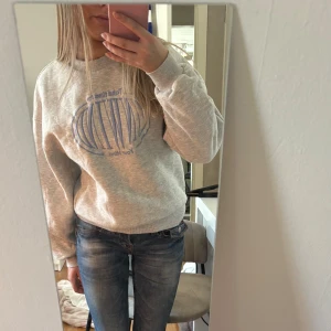Grå sweatshirt med blå text - Säljer en grå sweatshirt med tryck i blått framtill. Tröjan har en rund halsringning och långa ärmar. 