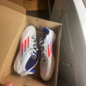 Adidas F50 futsal skor - Säljer ett par vita F50 futsalskor från Adidas med röda och blå detaljer. Skorna har snörning och en rund tå. Perfekta för fotbollsplanen!