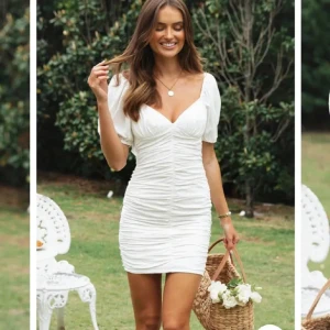 Vit kort omlottklänning med puffärm - Superfin vit kort klänning med omlottkänsla och puffärmar. Djup v-ringning och rynkade detaljer framtill ger en snygg och feminin siluett. Perfekt för sommarens alla tillfällen. Klänningen är figurnära och har en fräsch, ljus look. Perfekt för studenten. Endast testad 