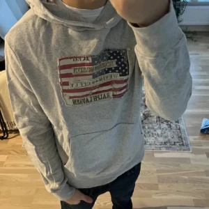 Grå hoodie från Ralph Lauren - Skitsnygg o skön hoodie från ralph med en ”sliten” flagga, skitsnygg o lätt o styla! I princip i nyskick, storlek M