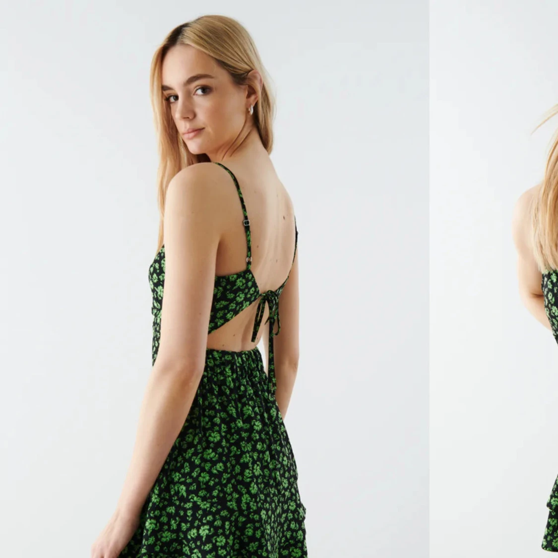 Svart klänning med gröna blommönster och öppen rygg från Gina Tricot - 90