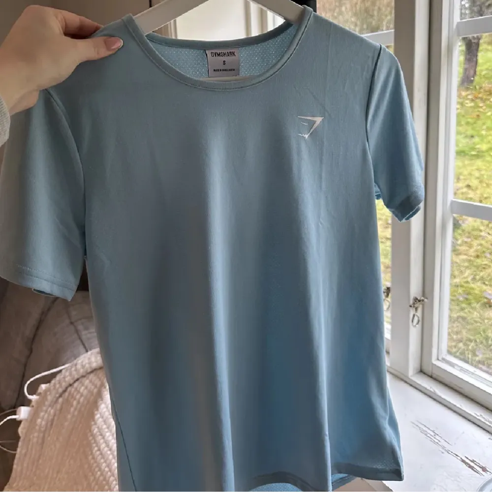Gymshark T-shirt i en jättefin ljusblå färg, använd ca 2-3 gånger bara därav inga skador! Storlek S💕💕💕. T-shirts.