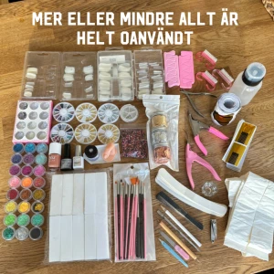 Nagelkit - Glitter x26 Pärljetter/pärlor x17 Metallpapper x4 Top+base+nude gelnagelack  Bufferfil x10 Fil x13 Nagelsax x3 Nagelbandssax  Pensel x19 Massa Förlängnings mallar Vit+rosa akrylpulver Borste x3 massa Nagelförlängning  Övriga verktyg x11 Övningsfinge