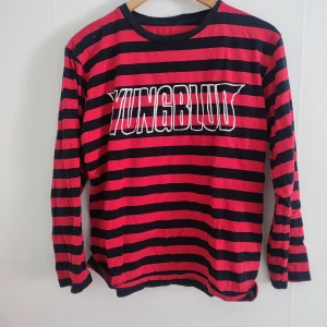 Yungblud tröja  - Säljer enl randig tröja i svart och rött med Yungblud-tryck på framsidan. Tröjan har långa ärmar och en avslappnad passform. Köpt på hans konsert för några år sen