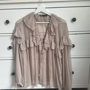 Blus från Zara - Jättefin blus från zara i storlek S! Nästan aldrig använd så den är i nyskick, skulle säga att den är stor i storleken så passar även M. Om det inte framgår på bilden så är den lite genomskinlig 🩷👍nypris ca 250kr