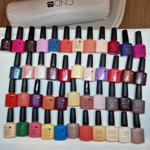 Färgglada nagellack från CND Shellac - Samling av CND Shellac nagellack i olika färger, inklusive rosa, lila, röd, blå, grön och orange. Perfekt för att skapa en mängd olika nagelstilar med långvarig glans och hållbarhet. Blandad volym i flaskorna