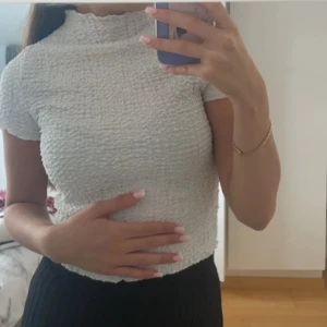 Vit ribbad topp - Säljer en vit ribbad topp med korta ärmar och hög krage. I xs