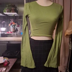 Grön ribbad topp från Urban outfitters - Snygg grön ribbad topp från Urban outfitters med långa ärmar och en croppad design. Perfekt för en trendig look. Toppen har en rund halsringning och är tillverkad i ett mjukt material som ger en bekväm passform.