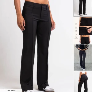 Svarta byxor från Madlady - Snygga svarta lågmidjade byxor från Madlady. Säljer dem för de har blivit jätte stora på mig och är för långa. knappt använda, pris kan diskuteras🥰Köptes för 649 kr