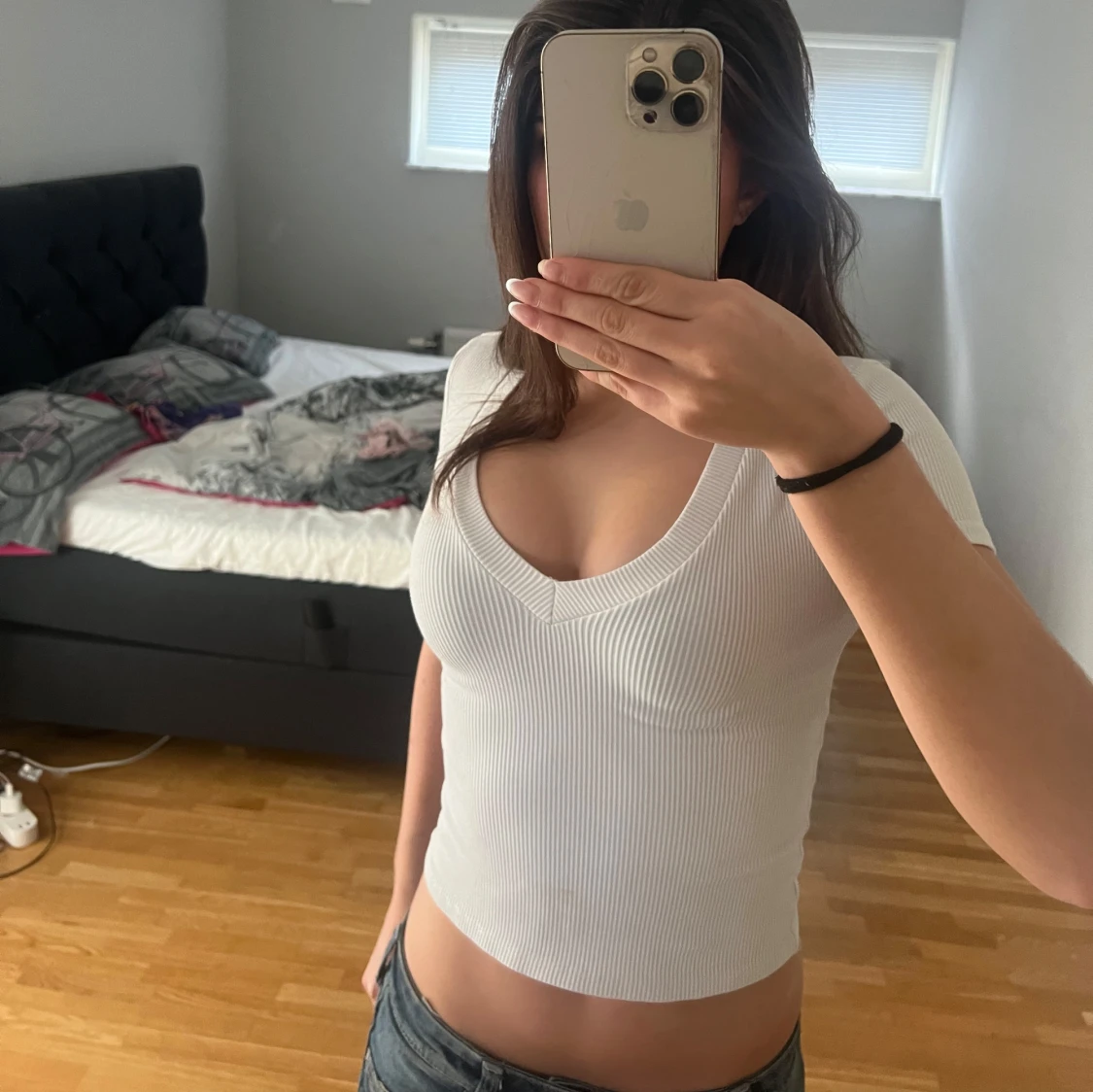 Vit ribbad croppad topp - 90