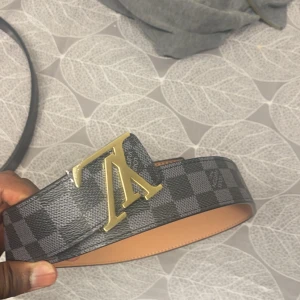 Rutig bälte med guldspänne - Säljer ett stilrent bälte med ett rutigt mönster i svart och grått. Bältet har ett elegant guldspänne som ger en lyxig touch. Perfekt för att piffa upp vilken outfit som helst. Passar både till vardags och fest. Kommer med en matchande påse för förvaring.