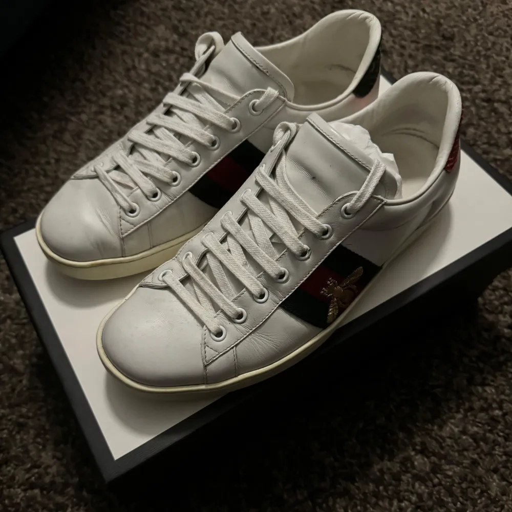 Gucci Ace i storlek 8/42. Passar större. Väldigt fint skick med box etc. Nypris idag 8850kr. Kengät.
