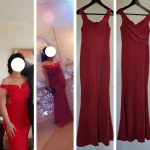 Röd axelbandslös långklänning - Elegant röd långklänning med offshoulder-design. Perfekt för festliga tillfällen med en figurnära passform som framhäver silhuetten. Klänningen är köpt från Zalando och är enbart använd 1 gång.