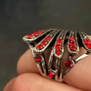 Silvrig ring med röda stenar - Unik silvrig ring med detaljerade röda stenar i ett mönster som liknar fjädrar eller vingar. Perfekt för att ge en edgy touch till din stil. 1 sten har hoppat av