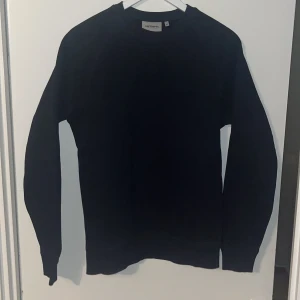 Svart/Mörkblå tröja från Carhartt - Säljer en stilren svart tröja från Carhartt i bra skick. Tröjan har långa ärmar och en liten logga broderad på ärmen. Storlek XS