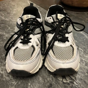 Svarta och vita sneakers med snörning - Säljer ett par snygga sneakers i svart och vitt. De har en sportig design med meshdetaljer för extra andningsförmåga. Skorna har svarta snören och en bekväm sula som passar perfekt för vardagsbruk eller träning.