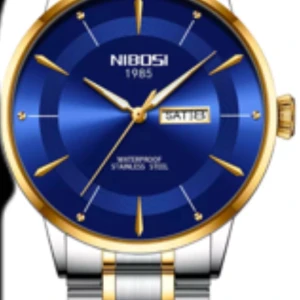 Blå klocka från Nibosi - Elegant klocka med en djupblå urtavla och guldiga visare. Boetten är i rostfritt stål med gulddetaljer och armbandet är i silver och guld. Klockan har datumvisning och är vattentät.