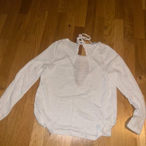Vit långärmad topp med knyt - Säljer en vit långärmad topp med knyt i nacken. Toppen har en liten öppning bak och är tillverkad i ett mjukt material, är lite genomskinligt. Perfekt för en stilren look eller ha över bikini 