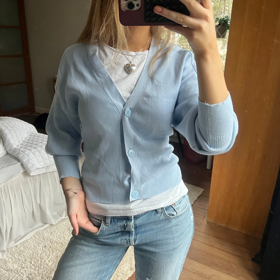 Ljusblå ribbad kofta - 1