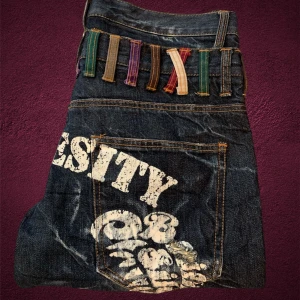 Nylaus 30+ beltloops - Snygga jeans med coolt tryck på baksidan och färgglada bältesöglor. De har en sliten look med ljusa slitningar och texten 'UNIVERSITY' tryckt på baksidan. Perfekta för en unik stil.