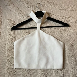 Vit halterneck topp från Zara - Säljer en superfin vit halterneck topp från Zara. Den är i nyskick och perfekt för sommaren. Toppen har en stilren design med en hög hals och är ärmlös, vilket gör den perfekt för både vardag och fest. Materialet känns mjukt och bekvämt mot huden.