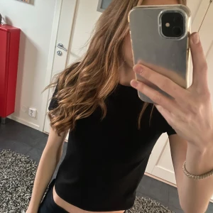 Svart kortärmad topp - Säljer en stilren svart kortärmad topp från hm. Perfekt för en enkel och snygg look. Toppen är tillverkad i ett mjukt material som sitter bekvämt på kroppen.