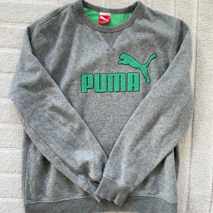 Grå sweatshirt från Puma - Säljer en grå sweatshirt från Puma med grönt logotryck på bröstet. Tröjan har rund hals och långa ärmar, perfekt för en avslappnad stil. Den är tillverkad i ett mjukt material för extra komfort.