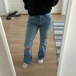 Blå bootcut jeans  - Snygga blå jeans med hål på ena knät från Gina Tricot i storlek 36! Dom är uppsydd och passar bra på mig som är ca 160cm. Fint skick använda bara några gånger🤍
