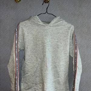 Grå hoodie från Zara Kids - Säljer en stilren grå hoodie från Zara Kids. Tröjan har långa ärmar med textdetaljer längs ärmarna och en bekväm huva. Perfekt för en avslappnad look.