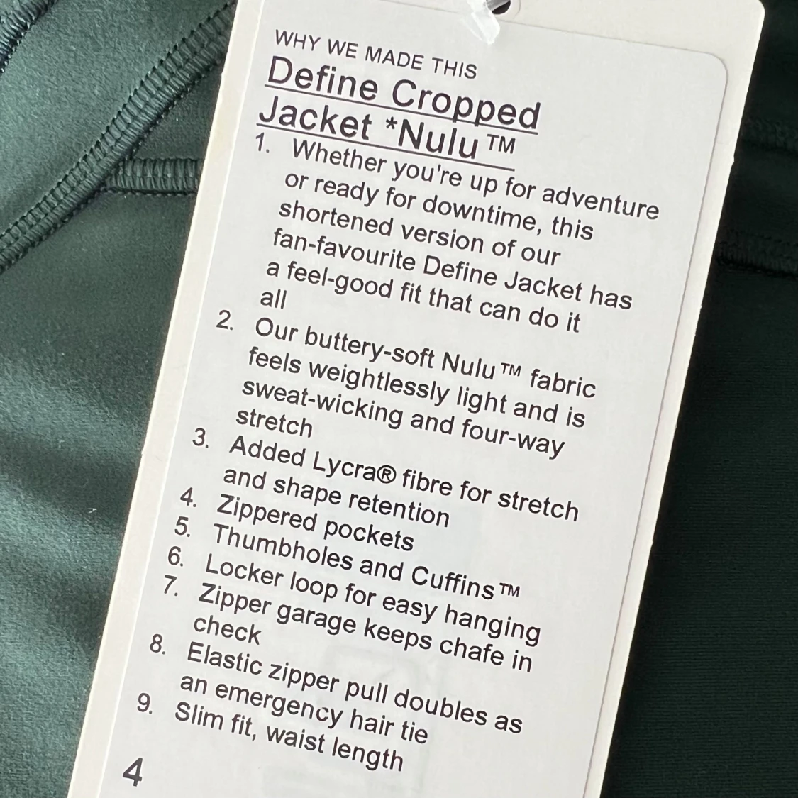 Lululemon define cropped jacket Nulu stl 4/36 - 90