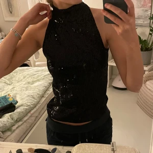 Svart paljettopp - Snygg svart paljettopp med hög hals och knäppning bak. Toppen har en tight passform som framhäver figuren. Använd endast en gång!