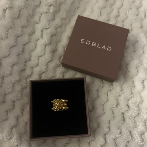 Guldfärgad ring från Edblad - Säljer en snygg guldfärgad ring från Edblad. Ringen har en unik design med små bitar över hela, Perfekt för att piffa upp vilken outfit som helst! Kommer i originalförpackning. Ringen har blivit använda och har då blivit lite sliten men verkligen inget som är märkvärdigt! Storlek M(diametern 17,5)