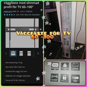Väggfäste för TV 60-100 tum - Säljer ett väggfäste från Andersson, modell VMF 3.0, med slimmad profil för TV mellan 60 och 100 tum. Max belastning är 75 kg och VESA-storlek upp till 900 x 600 mm. Fästet har fjäderlås och inbyggt vattenpass för enkel montering.