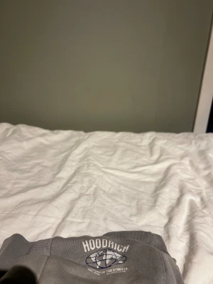 Grå Hoodie från Hoodrich med tryck - Säljer en grå hoodie från Hoodrich med stort vitt och blått tryck på bröstet och flera tryck på ärmen. Tröjan har huva med snörning och är långärmad. Perfekt för dig som gillar streetwear och vill ha en chill look.