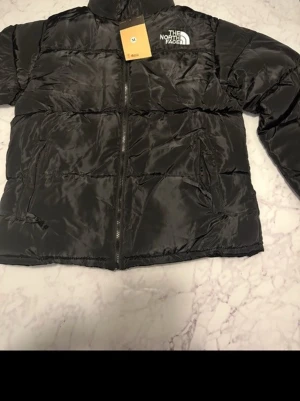 Svart pufferjacka från The North Face - Säljer en svart pufferjacka från The North Face i storlek M. Jackan har en hög krage, dragkedja framtill och två sidofickor. Materialet är glansigt och känns riktigt chill för kalla dagar. Loggan är broderad i vitt på bröstet.