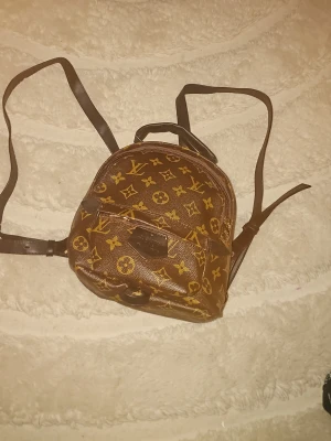 brun ryggsäck - Säljer en snygg brun ryggsäck med klassiskt monogrammönster i guld. Väskan har justerbara svarta axelremmar, ett litet handtag upptill och en framficka med dragkedja. Perfekt storlek för att få med det viktigaste och riktigt trendig look.