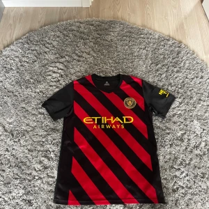 Manchester City De Bruyne matchtröja - Snygg Manchester City fotbollströja från Puma med De Bruyne och nummer 17 på ryggen. Tröjan är svart med röda diagonala ränder och gula detaljer, samt Etihad Airways-logga på bröstet. Tillverkad i lätt och ventilerande material, perfekt för fotboll eller support.Obs tröjan är fejk inte riktigt! Storlek S/m passar båda.